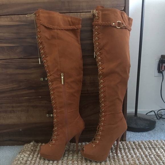 Sexy faux suede rust/tan over-the-knee peep toe boot - Picture 6 of 17
